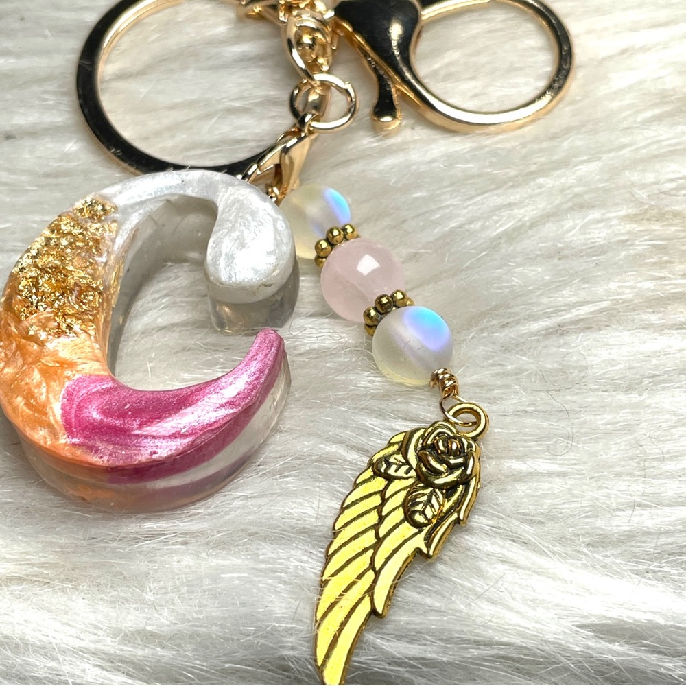 Custom Orange and Pink Letter “C”Keychain with Rose Quartz and Gold Wing Charm - Picture 2 of 9
